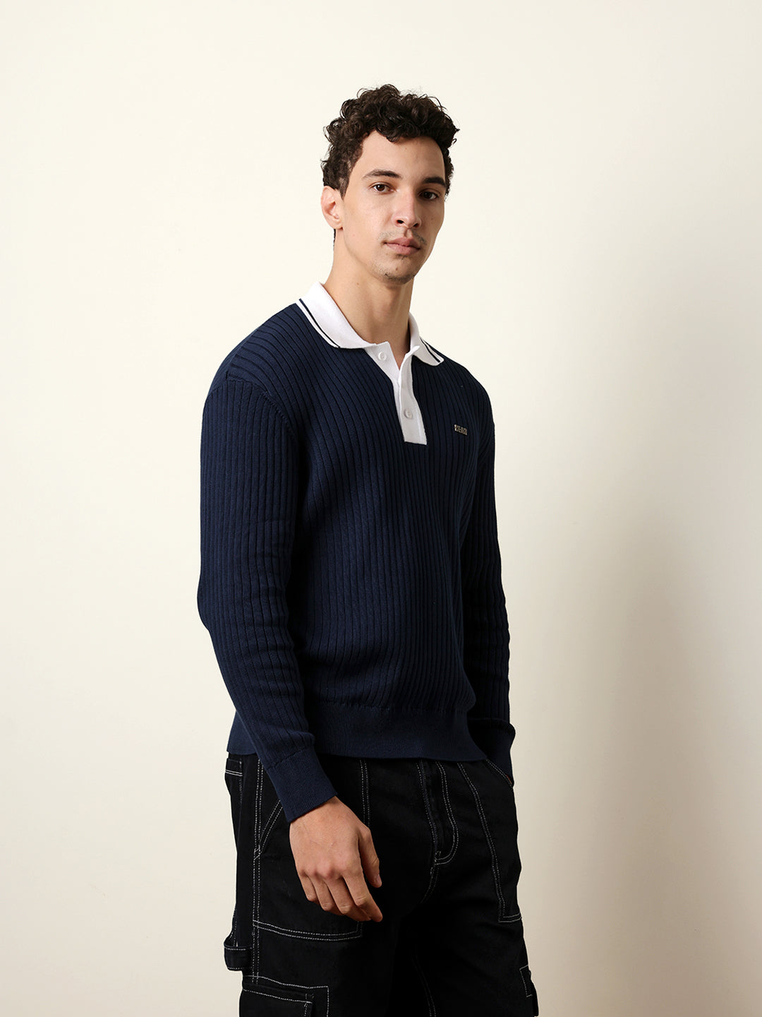 Men Blue Full Sleeve Polo T-Shirt