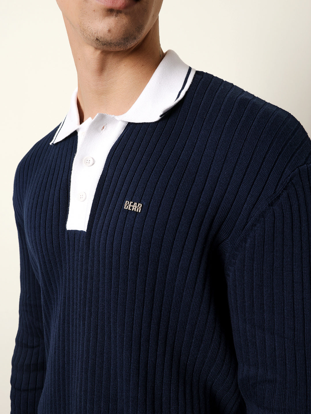 Men Blue Full Sleeve Polo T-Shirt