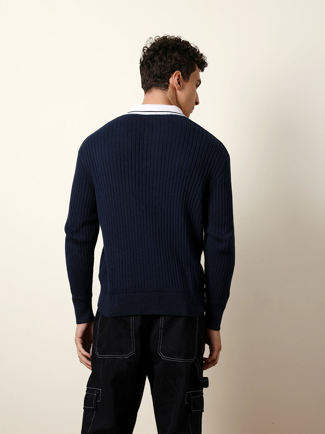 Men Blue Full Sleeve Polo T-Shirt
