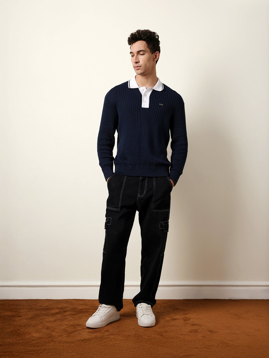 Men Blue Full Sleeve Polo T-Shirt