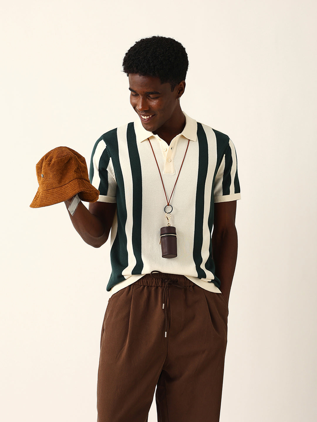 Men Cream Striped Cotton T-Shirt