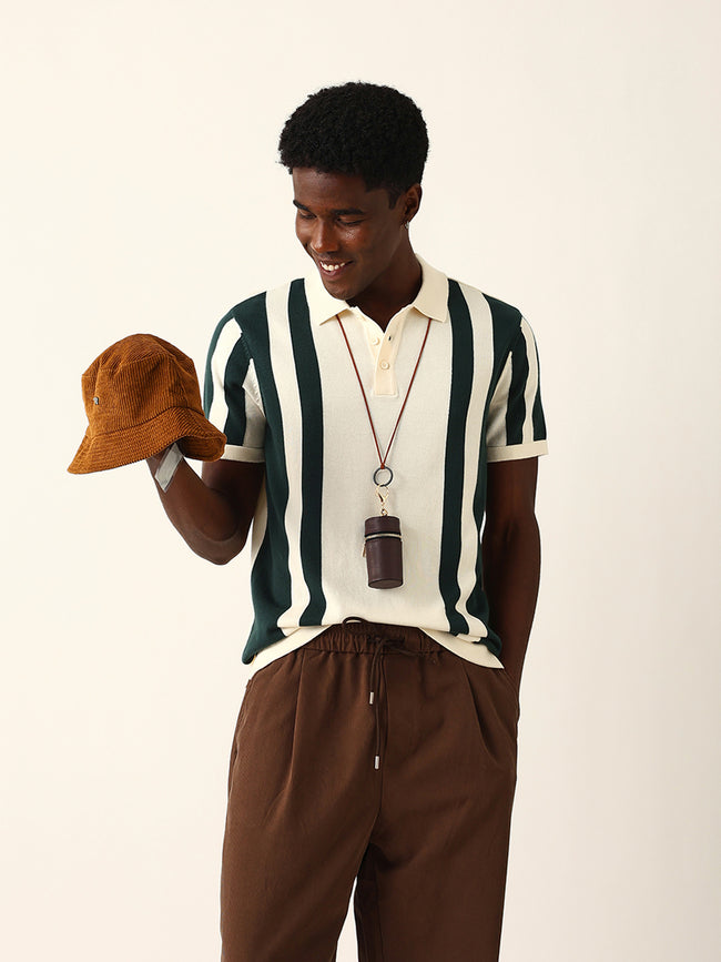 Men Cream Striped Cotton T-Shirt