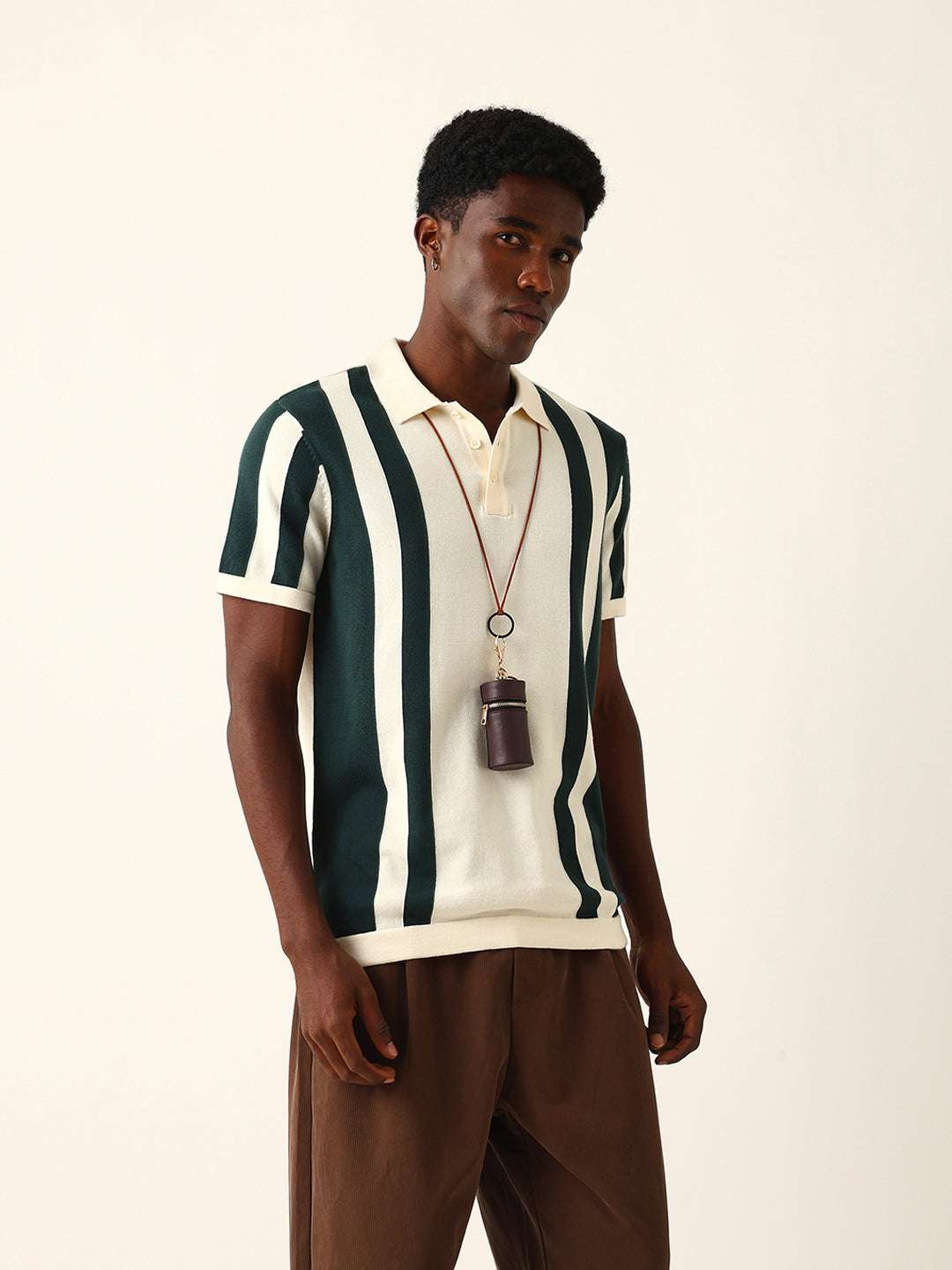 Men Cream Striped Cotton T-Shirt