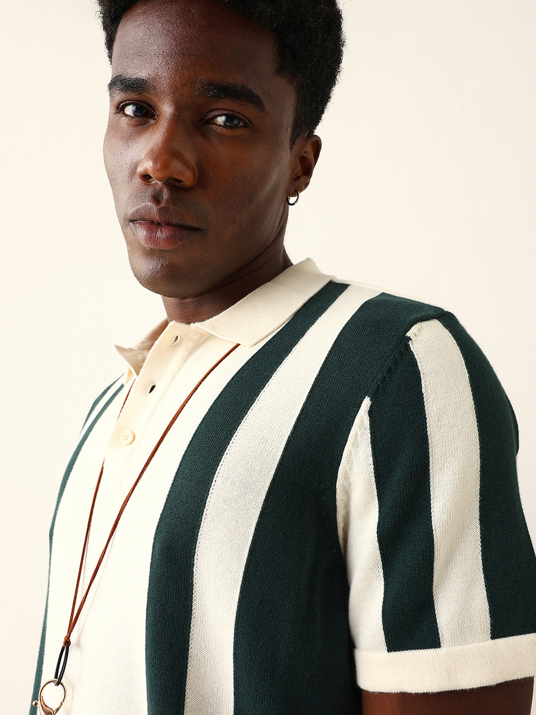 Men Cream Striped Cotton T-Shirt