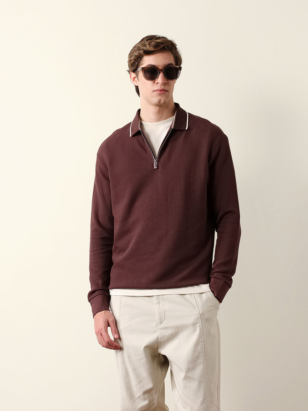 Men Solid Zip-Neck Sweatshirt