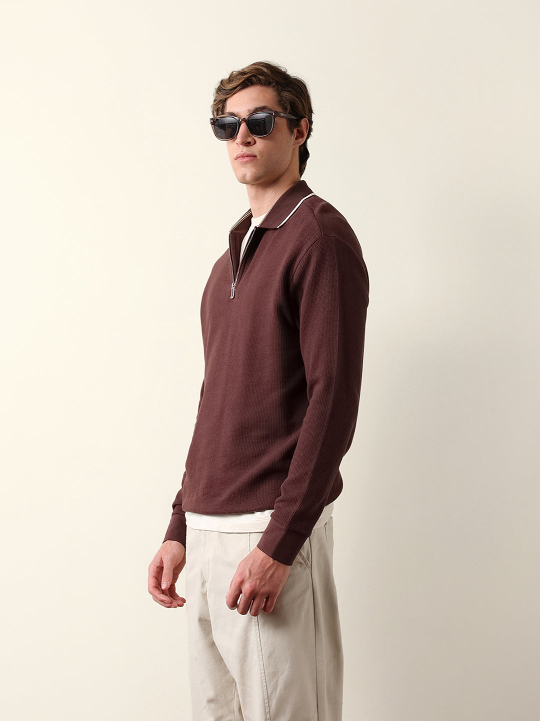 Men Solid Zip-Neck Sweatshirt