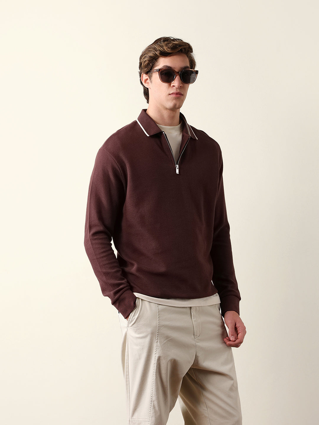 Men Solid Zip-Neck Sweatshirt