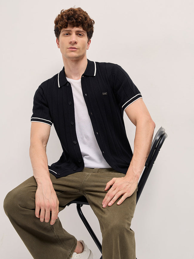 Men Black Textured Knit Shirt-Style Regular Fit Polo