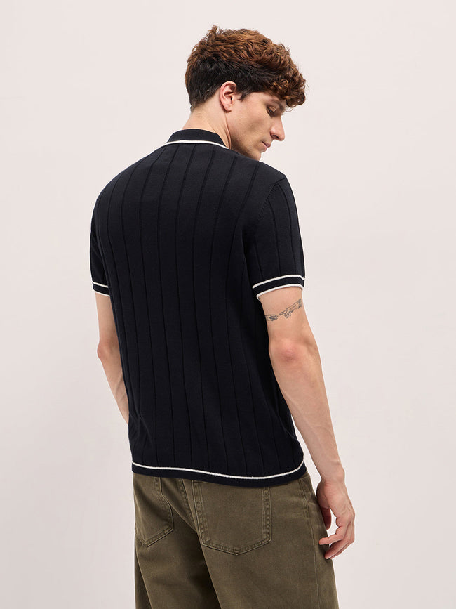 Men Black Textured Knit Shirt-Style Regular Fit Polo