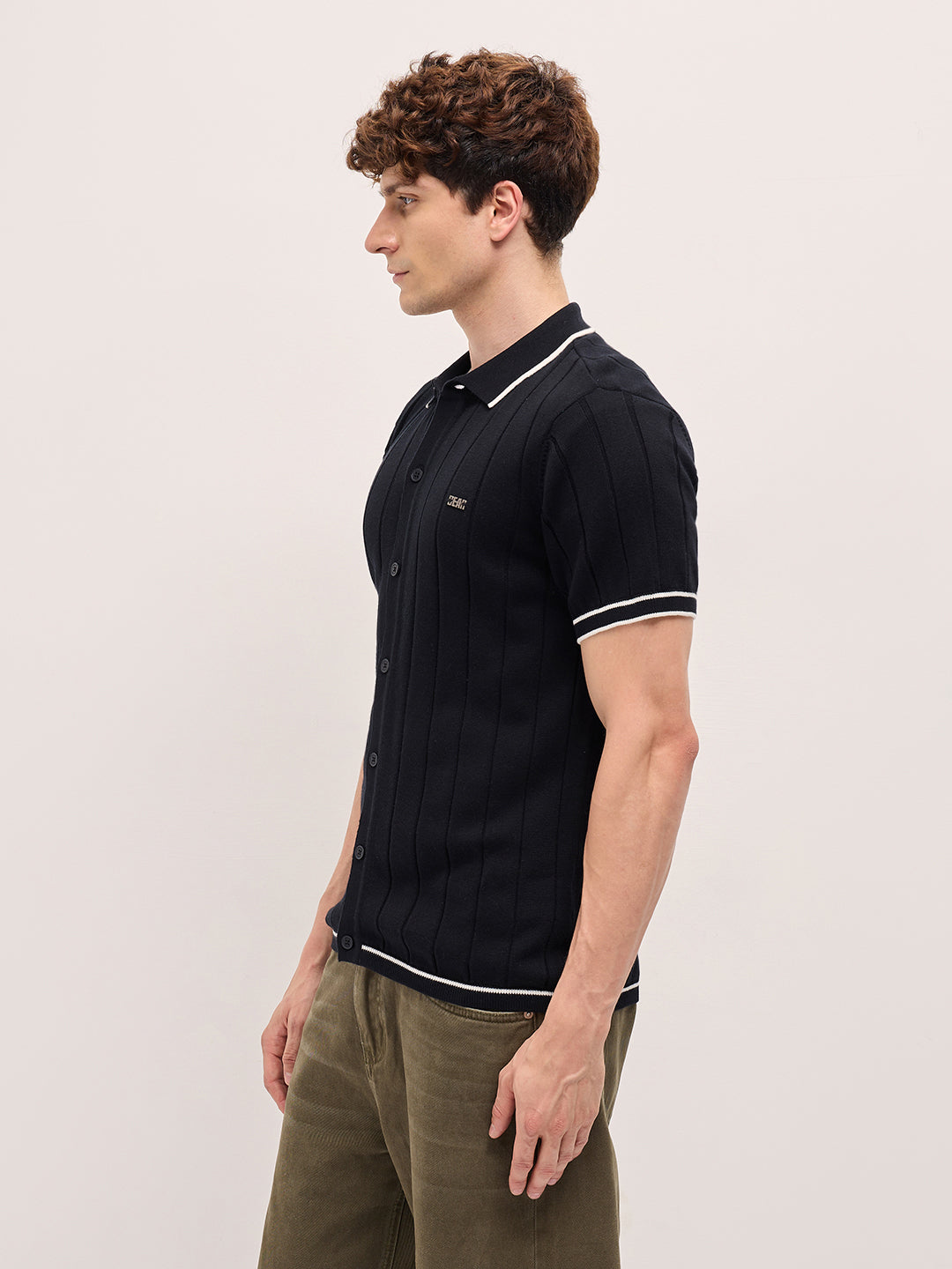 Men Black Textured Knit Shirt-Style Regular Fit Polo