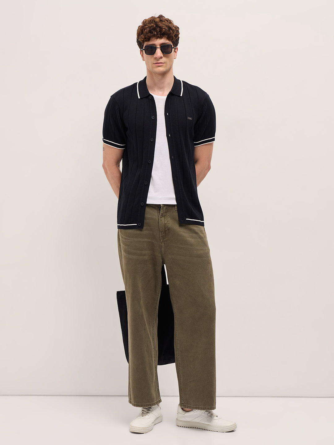 Men Black Textured Knit Shirt-Style Regular Fit Polo