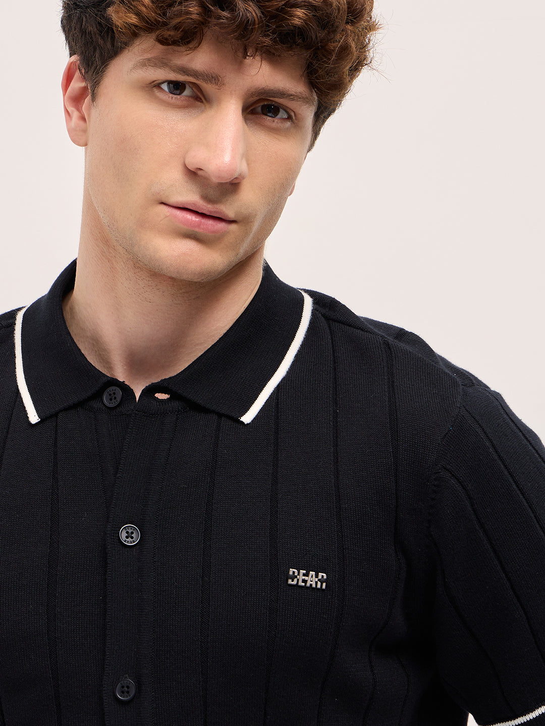 Men Black Textured Knit Shirt-Style Regular Fit Polo