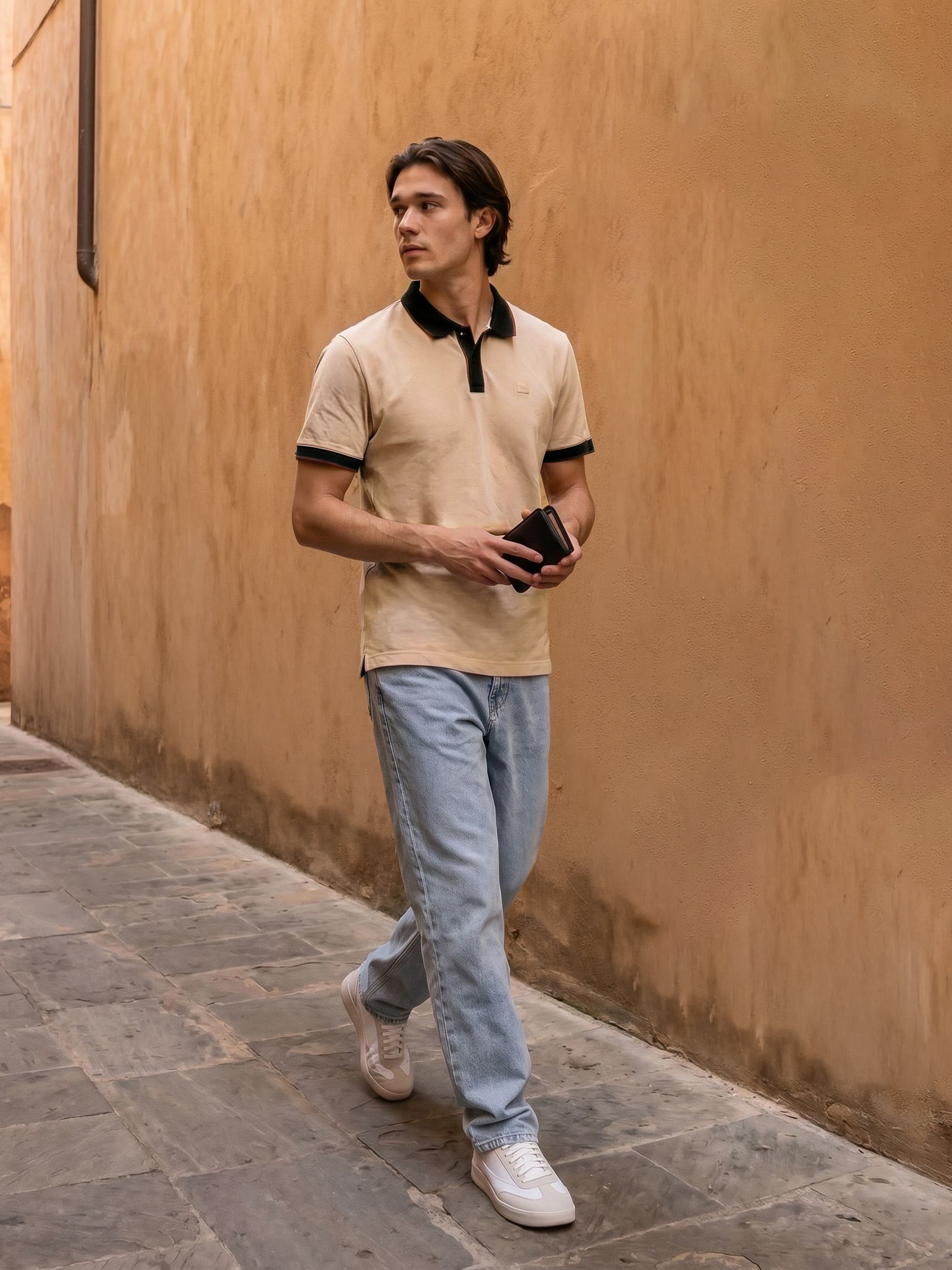 Men Peach Solid Cotton Polo T-Shirt