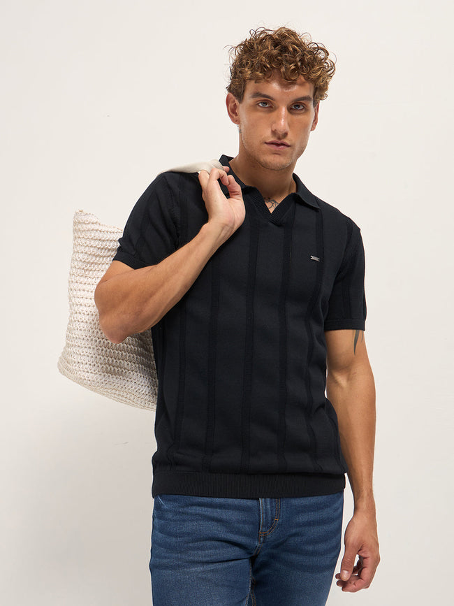 Men Black Textured vertical knit stripes Slim Fit Polo