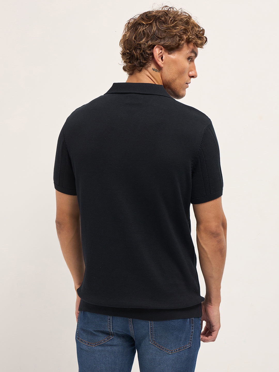 Men Black Textured vertical knit stripes Slim Fit Polo