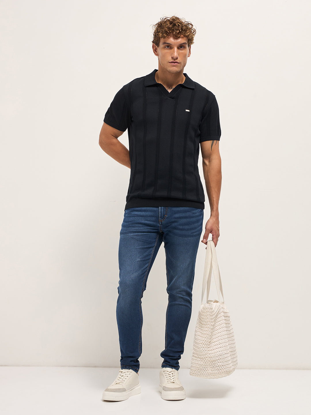 Men Black Textured vertical knit stripes Slim Fit Polo