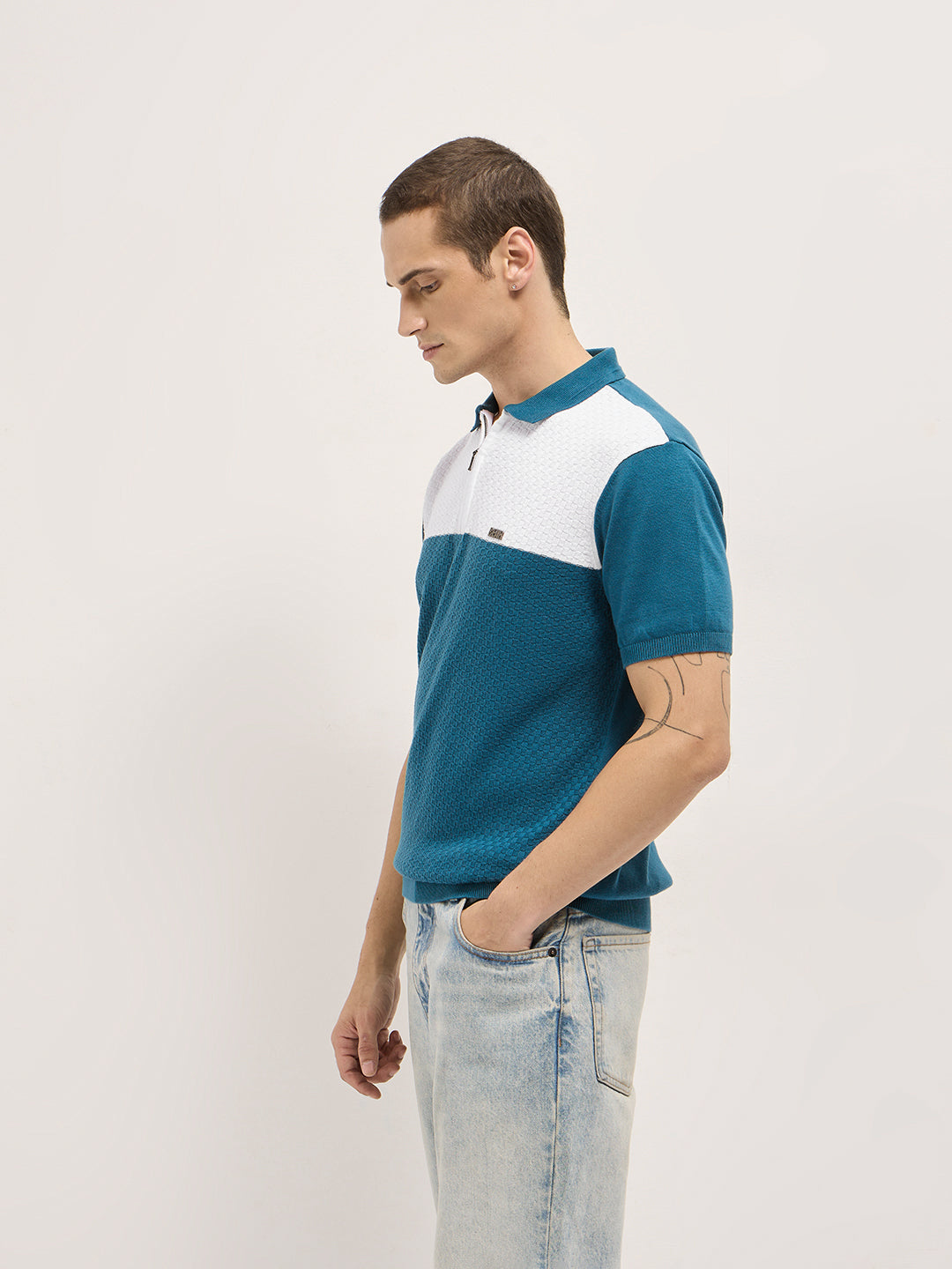 Men Blue Self Design Cotton Polo
