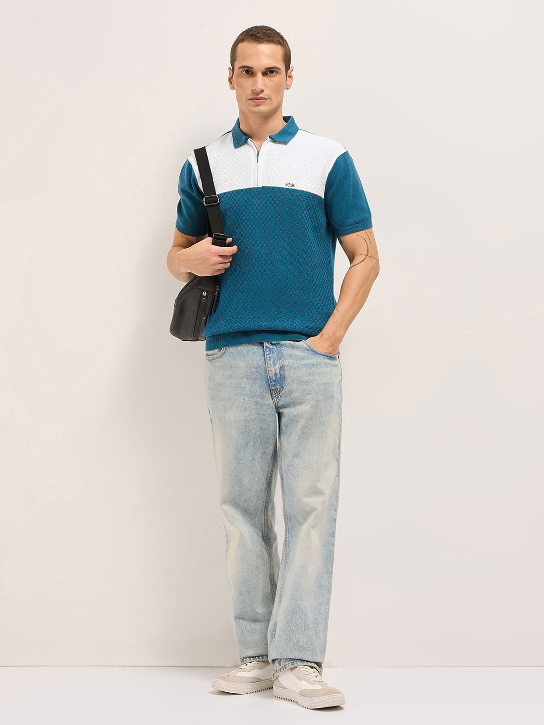 Men Blue Self Design Cotton Polo