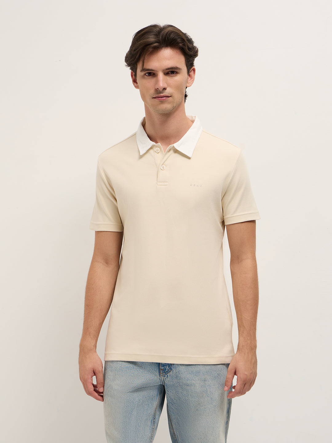Men Beige Solid Slim Fit Polo