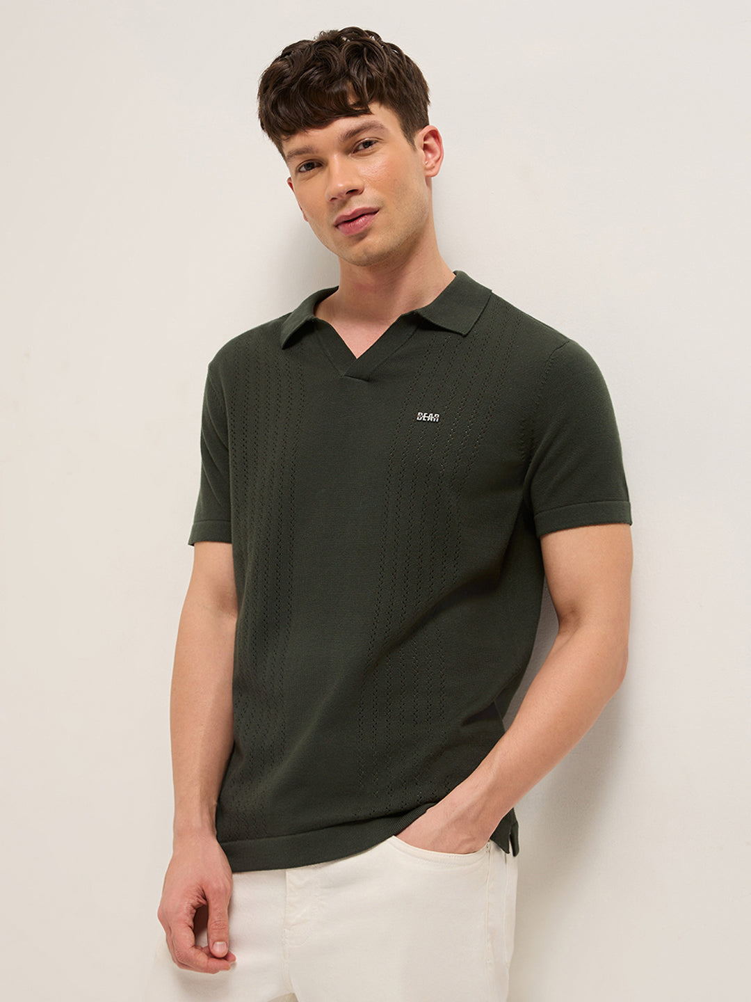 Men Green Self Design Cotton T-Shirt
