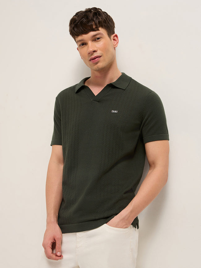Men Green Self Design Cotton T-Shirt