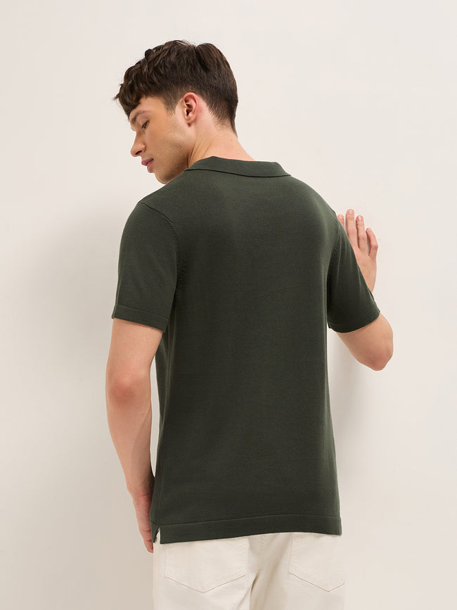 Men Green Self Design Cotton T-Shirt