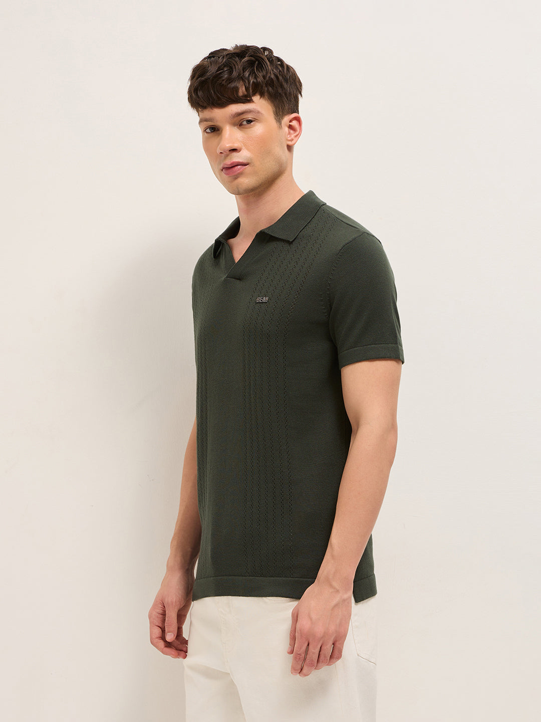 Men Green Self Design Cotton T-Shirt