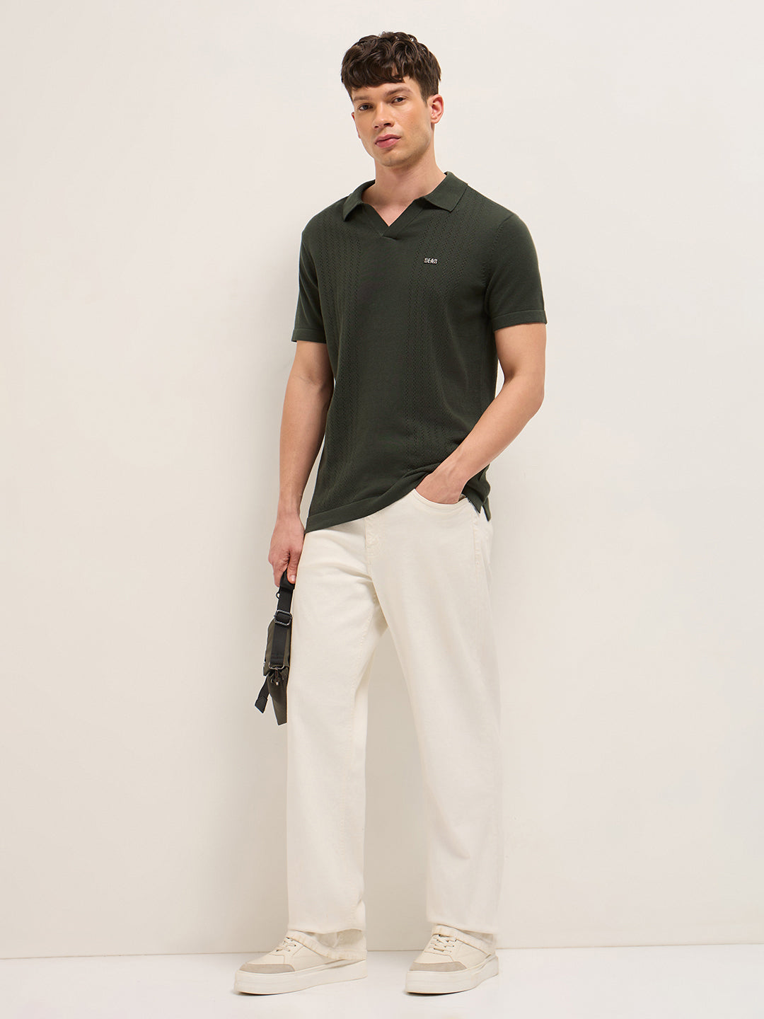 Men Green Self Design Cotton T-Shirt