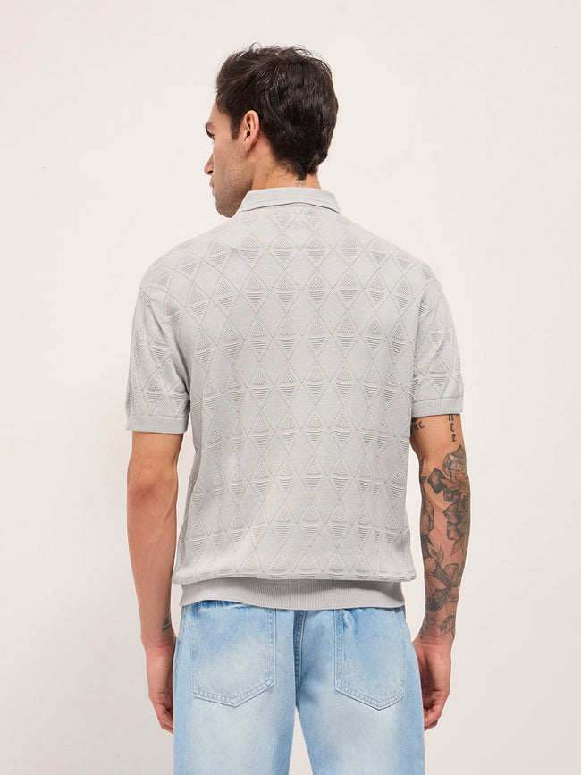 Men Grey Textured Knit Design Regular Fit Polo