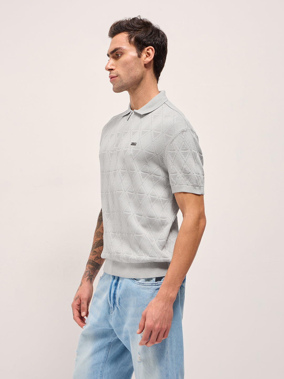 Men Grey Textured Knit Design Regular Fit Polo