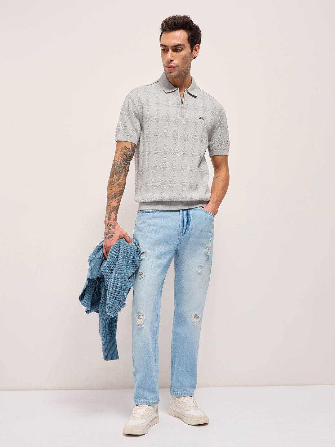 Men Grey Textured Knit Design Regular Fit Polo