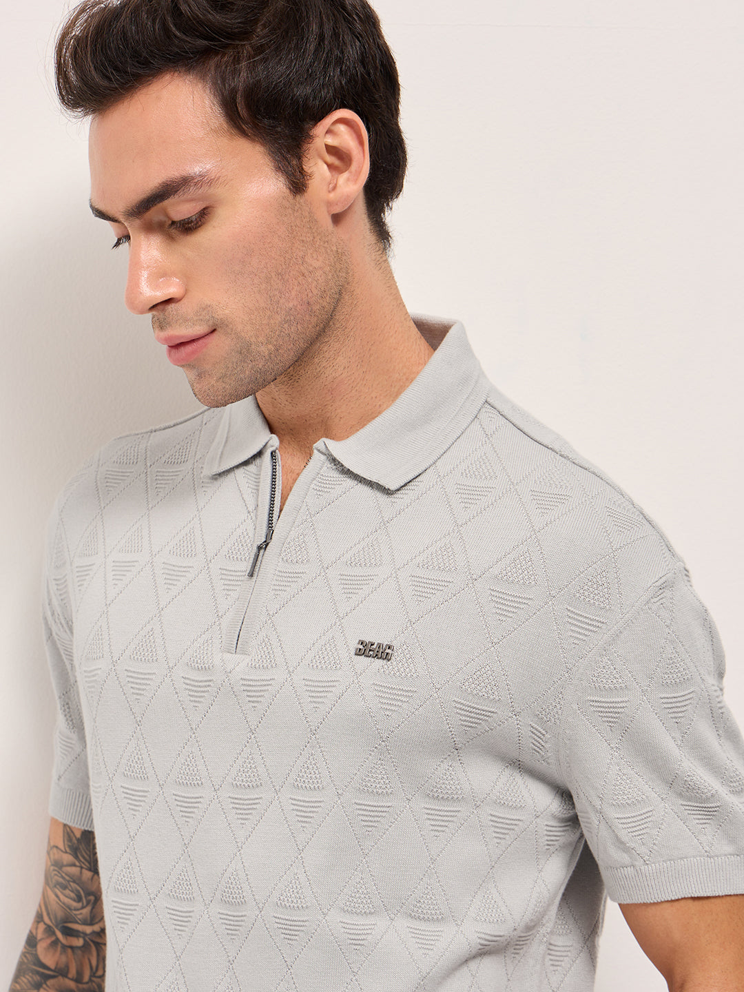 Men Grey Textured Knit Design Regular Fit Polo