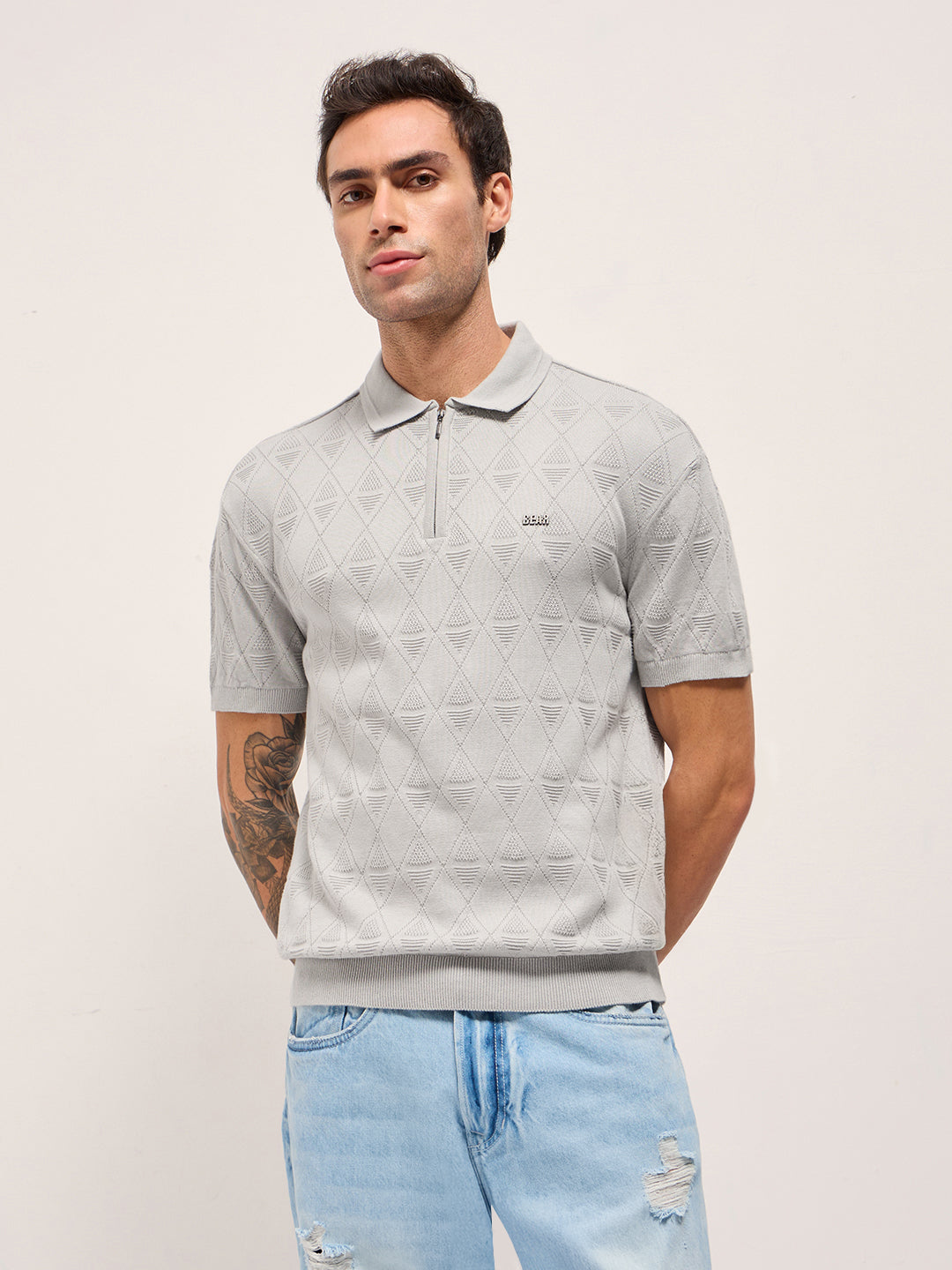 Men Grey Textured Knit Design Regular Fit Polo