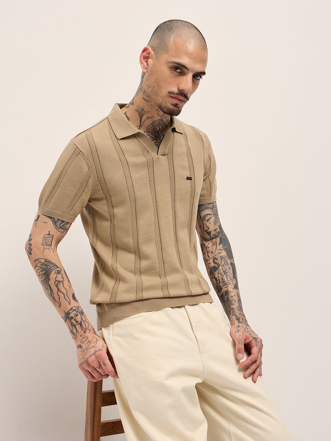 Men Beige Textured vertical knit stripes Slim Fit Polo