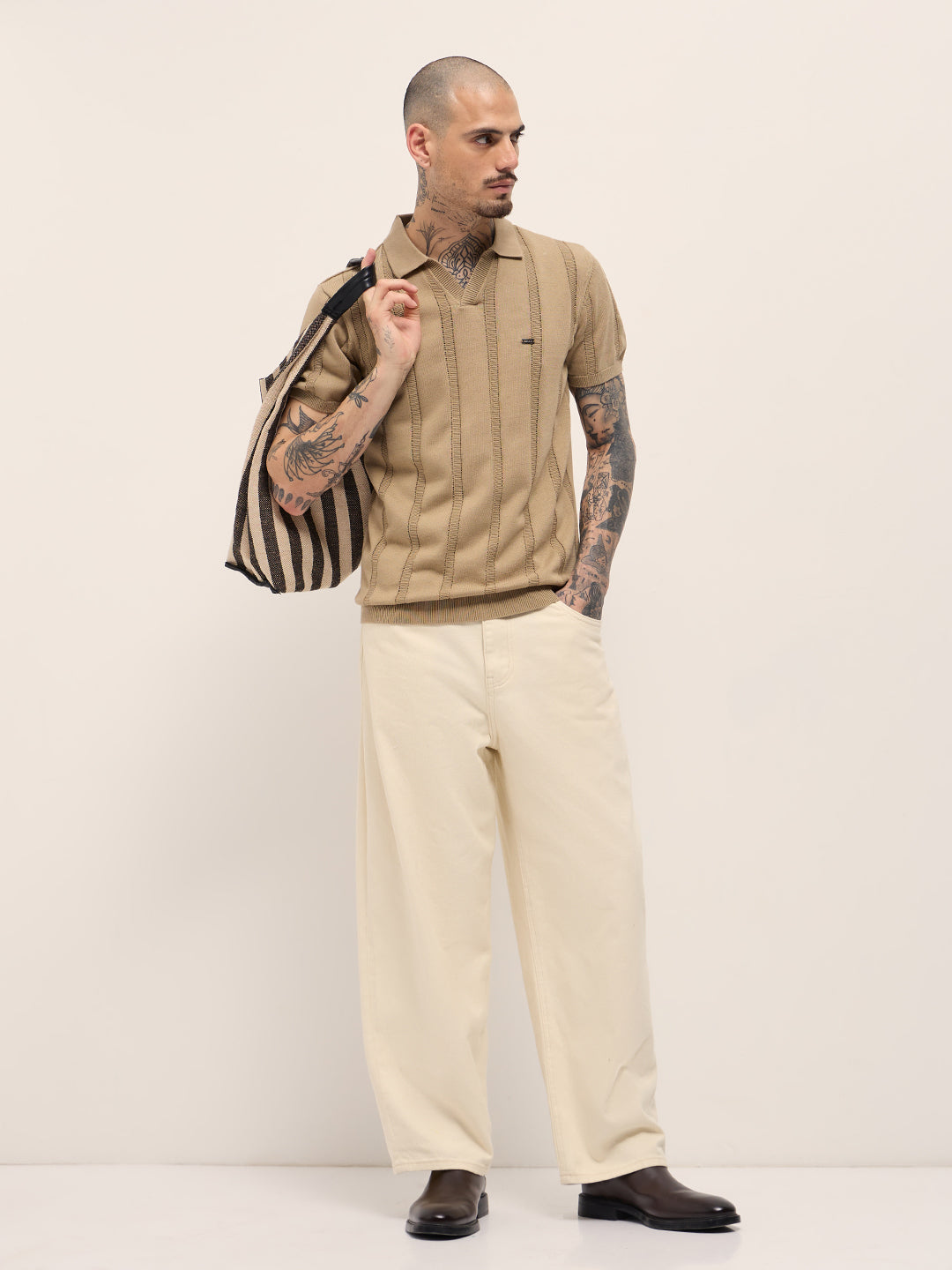Men Beige Textured vertical knit stripes Slim Fit Polo