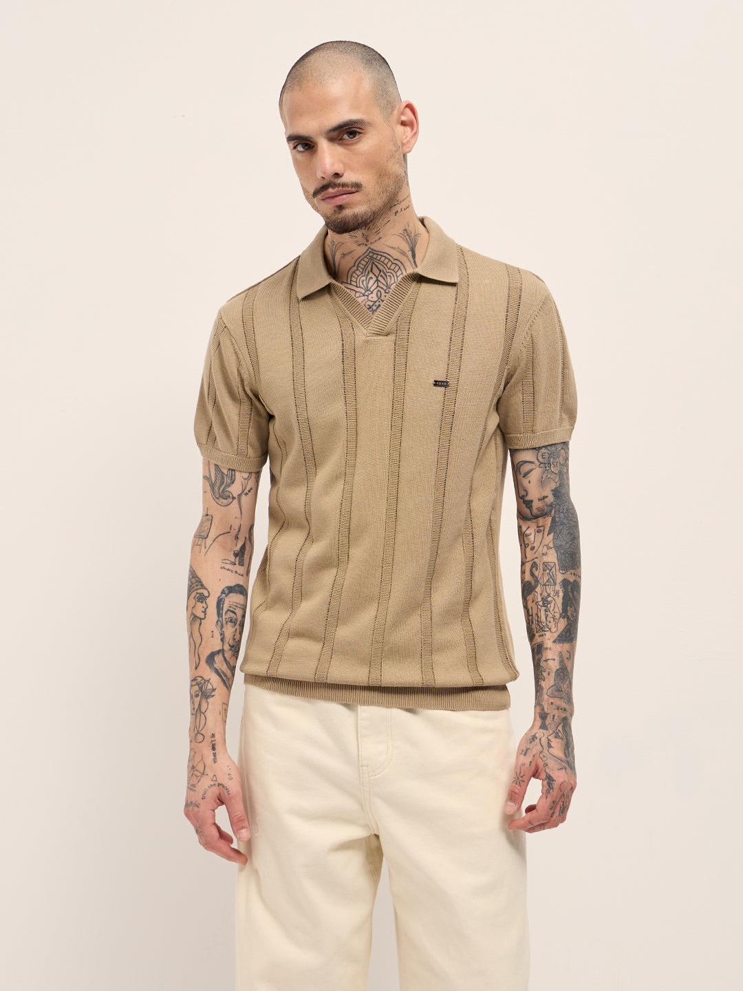 Men Beige Textured vertical knit stripes Slim Fit Polo