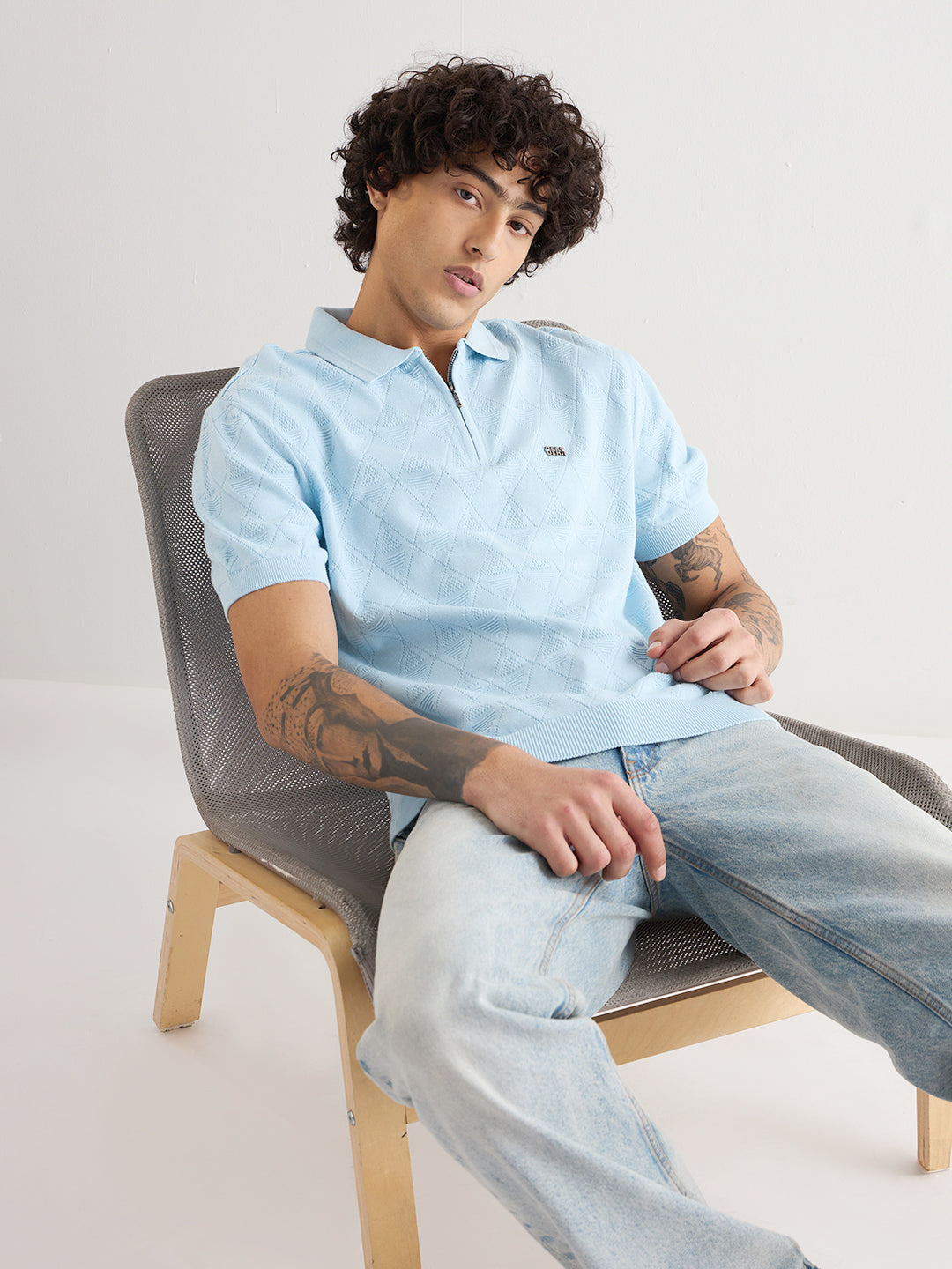 Men Light Blue Textured Knit Design Regular Fit Polo