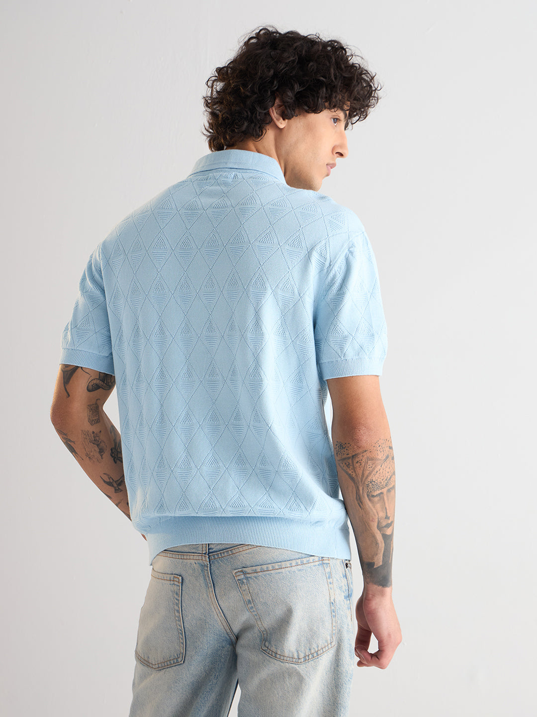 Men Light Blue Textured Knit Design Regular Fit Polo