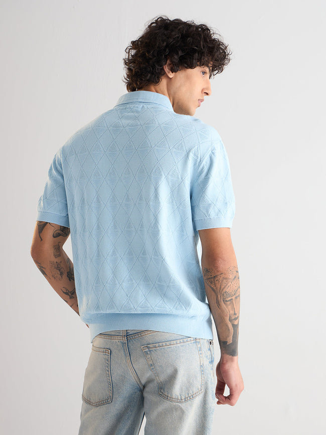 Men Light Blue Textured Knit Design Regular Fit Polo
