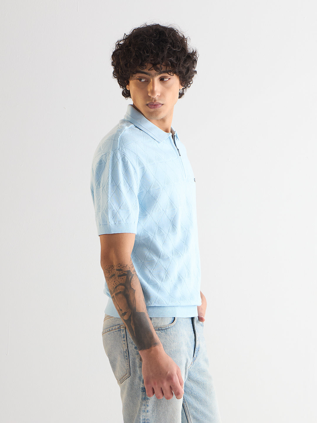 Men Light Blue Textured Knit Design Regular Fit Polo