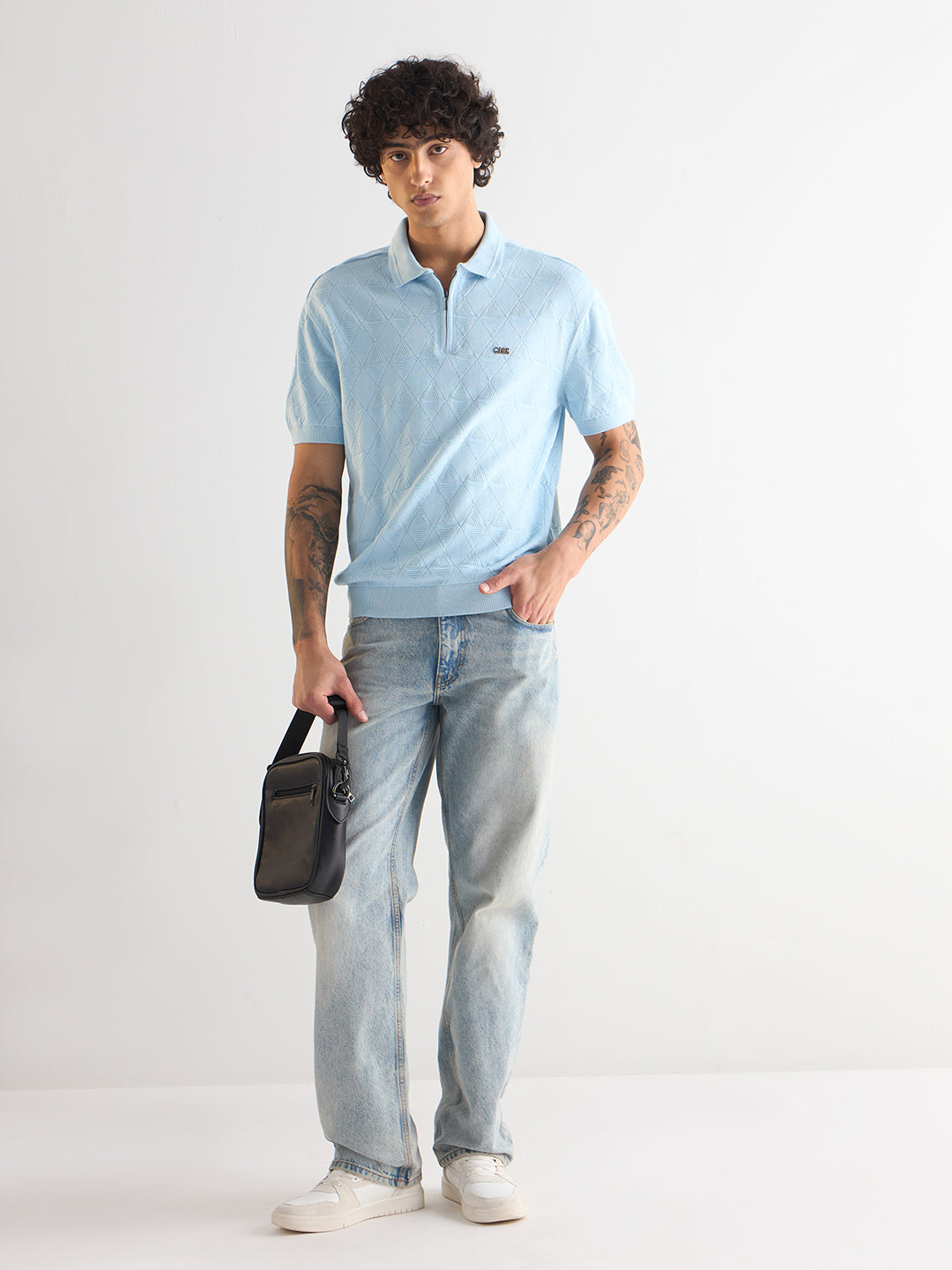 Men Light Blue Textured Knit Design Regular Fit Polo