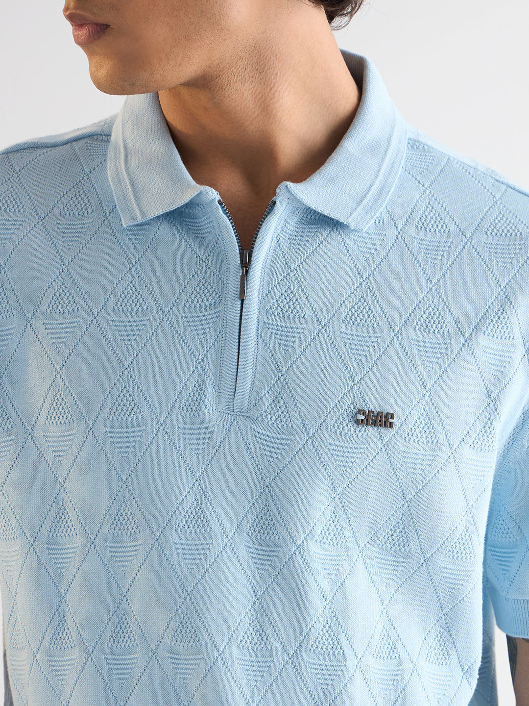 Men Light Blue Textured Knit Design Regular Fit Polo