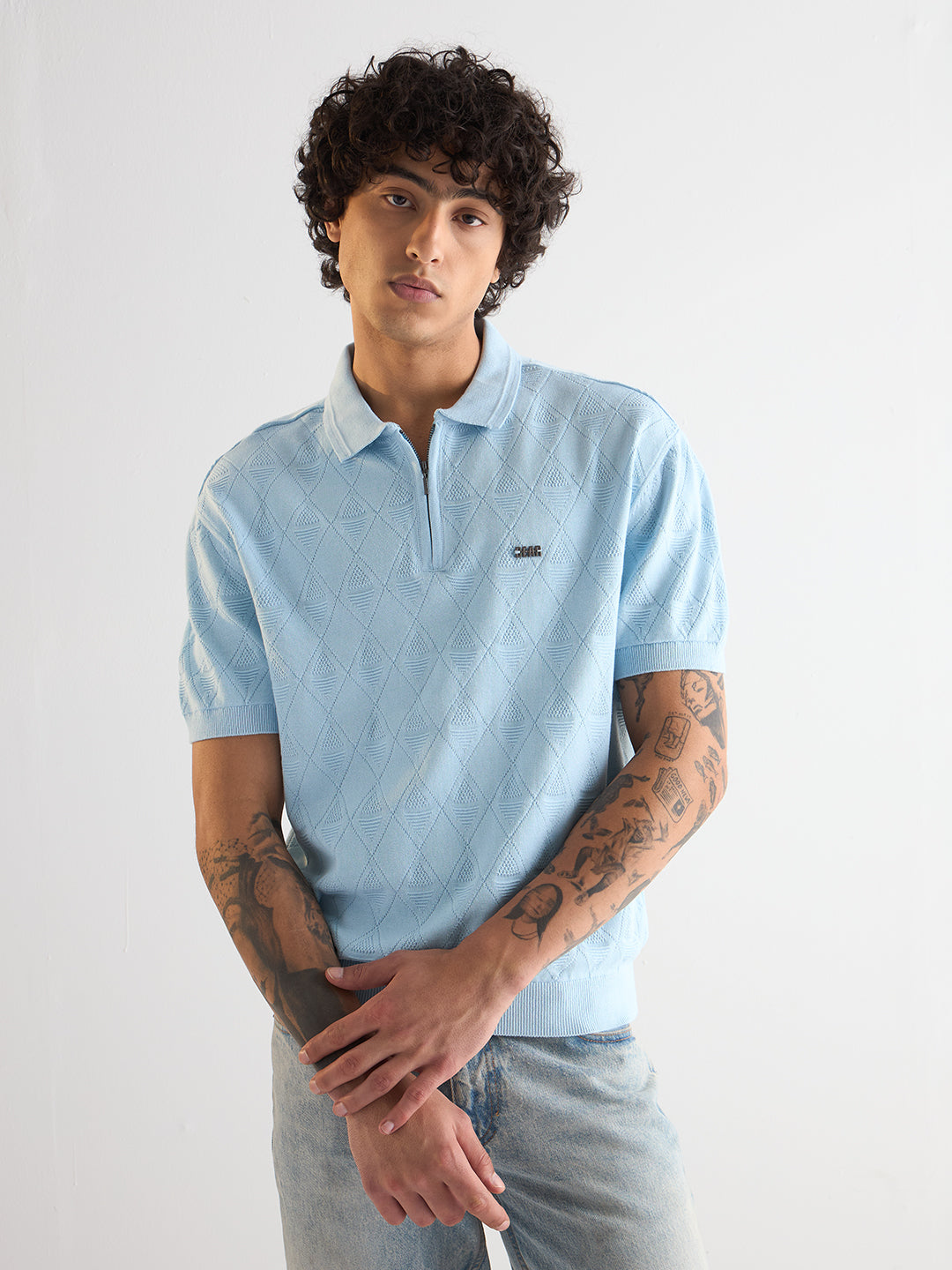 Men Light Blue Textured Knit Design Regular Fit Polo