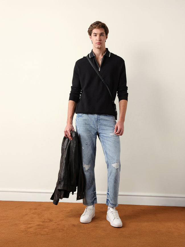 Men Solid Zip-Neck Sweatshirt