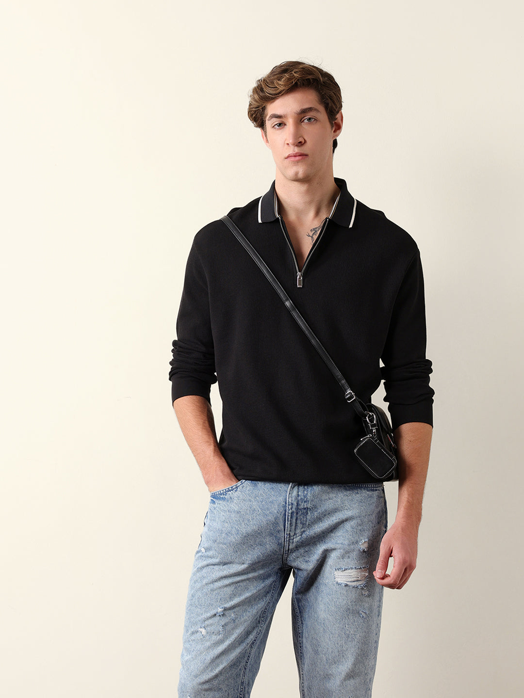 Men Solid Zip-Neck Sweatshirt