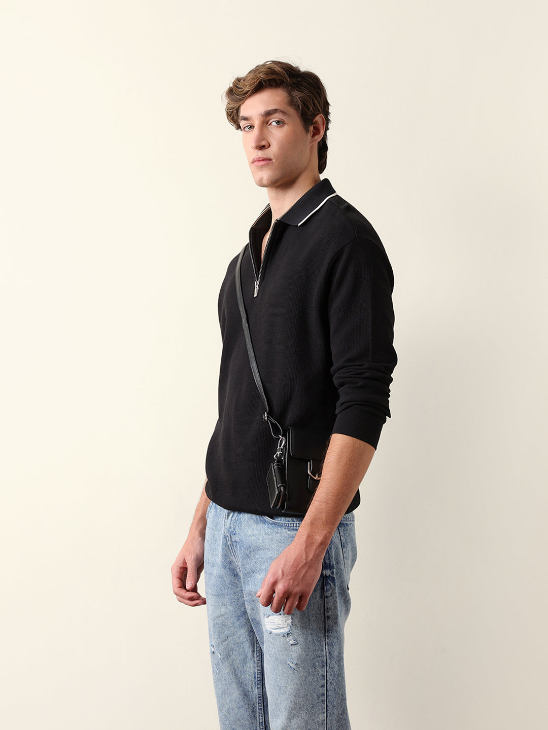 Men Solid Zip-Neck Sweatshirt