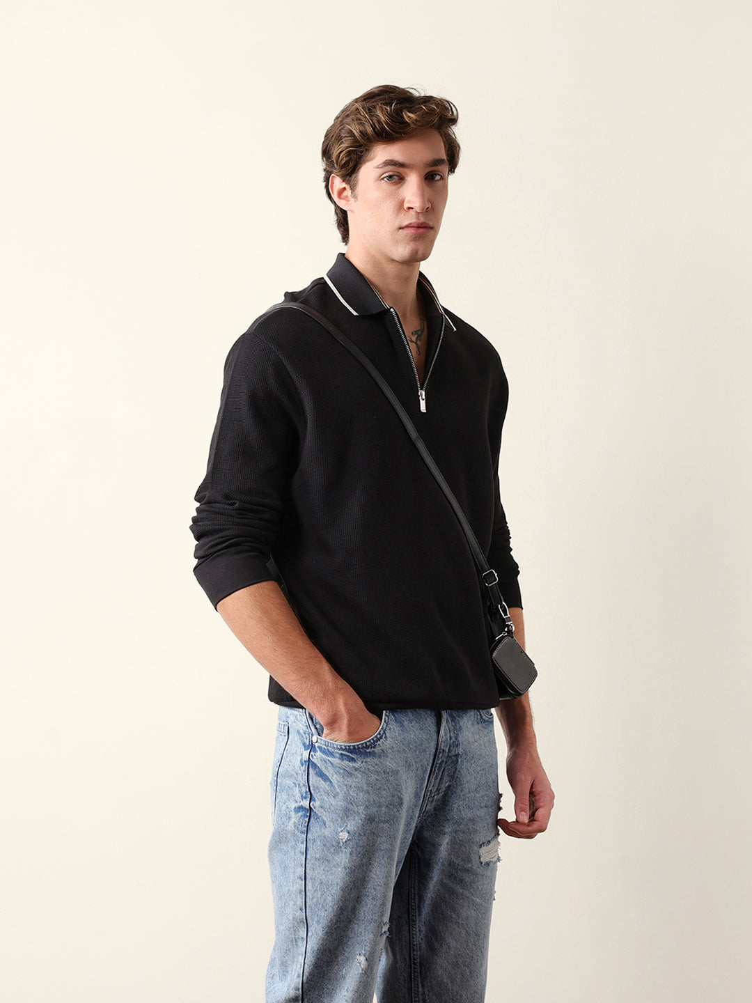 Men Solid Zip-Neck Sweatshirt