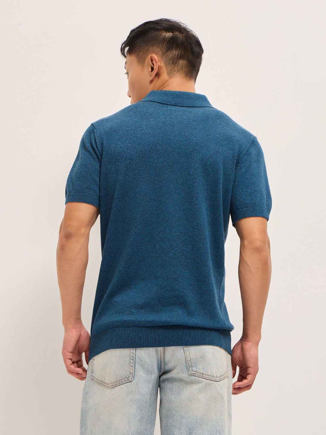 Men Teal Blue Textured Knit Solid Regular Fit Polo