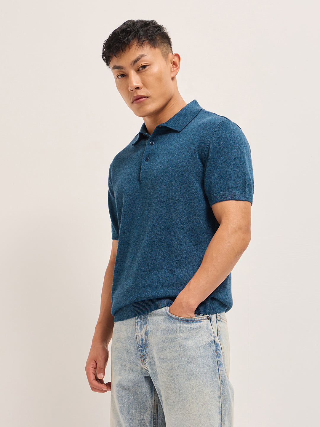Men Teal Blue Textured Knit Solid Regular Fit Polo