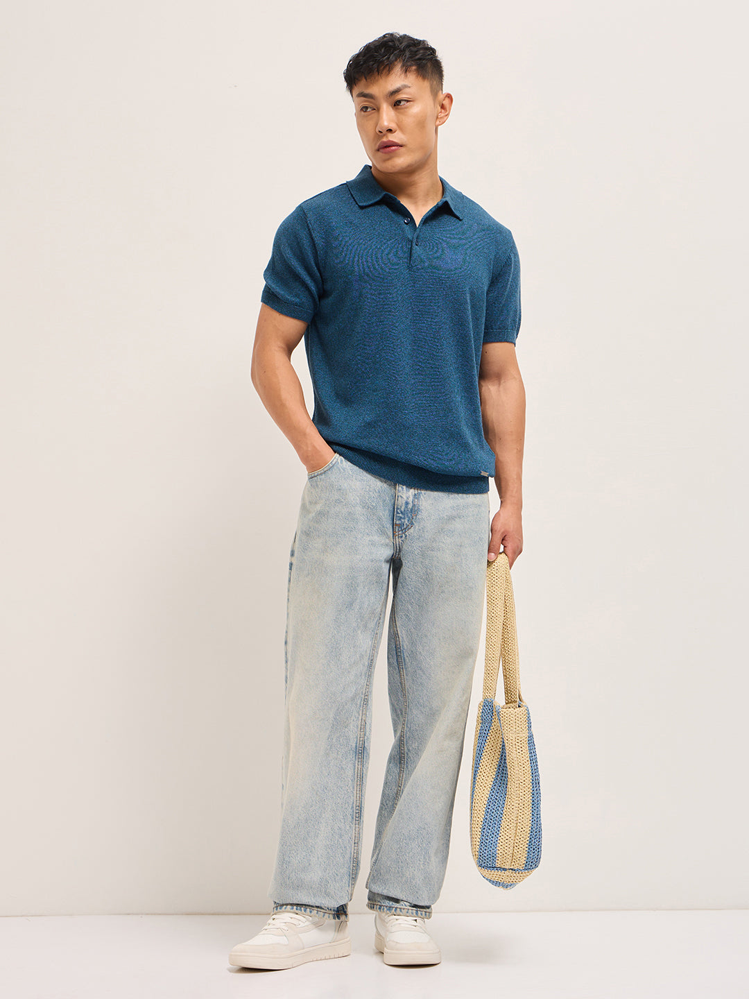 Men Teal Blue Textured Knit Solid Regular Fit Polo